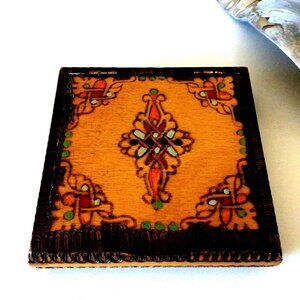 Vintage Pyrography Wood Trinket Box, Bulgarian Handpainted Jewelry Box